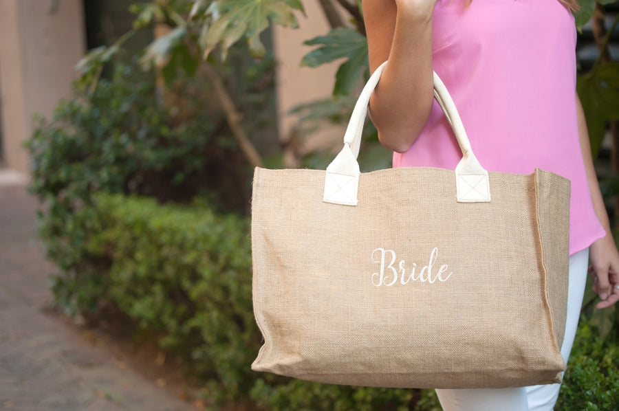 Burlap Tote White Bride Embroidery