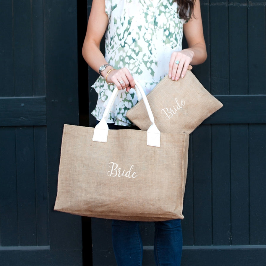 Burlap Tote White Bride Embroidery