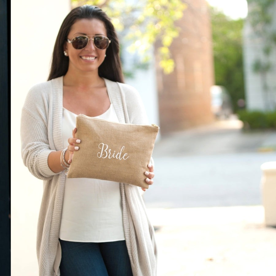 Burlap Zip Pouch White Bride Embroidery