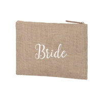 Burlap Zip Pouch White Bride Embroidery