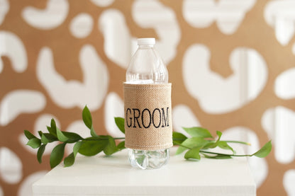 Burlap Drink Wrap Black Groom Embroidery